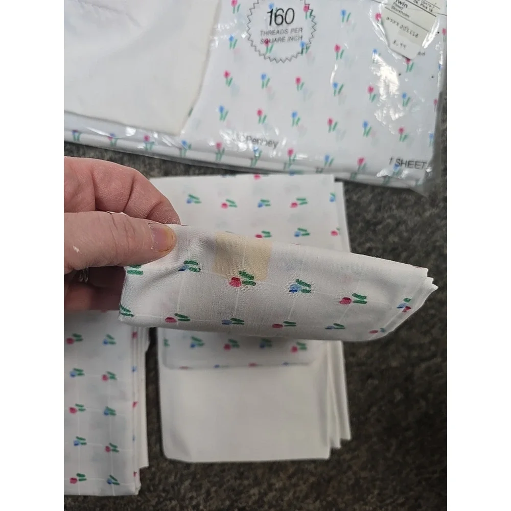 Lot of‎ 5 Vintage JC Penney Stockholm White Tulips No-Iron Twin Flat Sheet Set